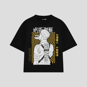 Playera streetwear premium de anime y gaming ExtraLife MX, corte boxy oversized drop shoulder heavyweight en color Deep Black y Off-White, moda urbana mexicana de culto.