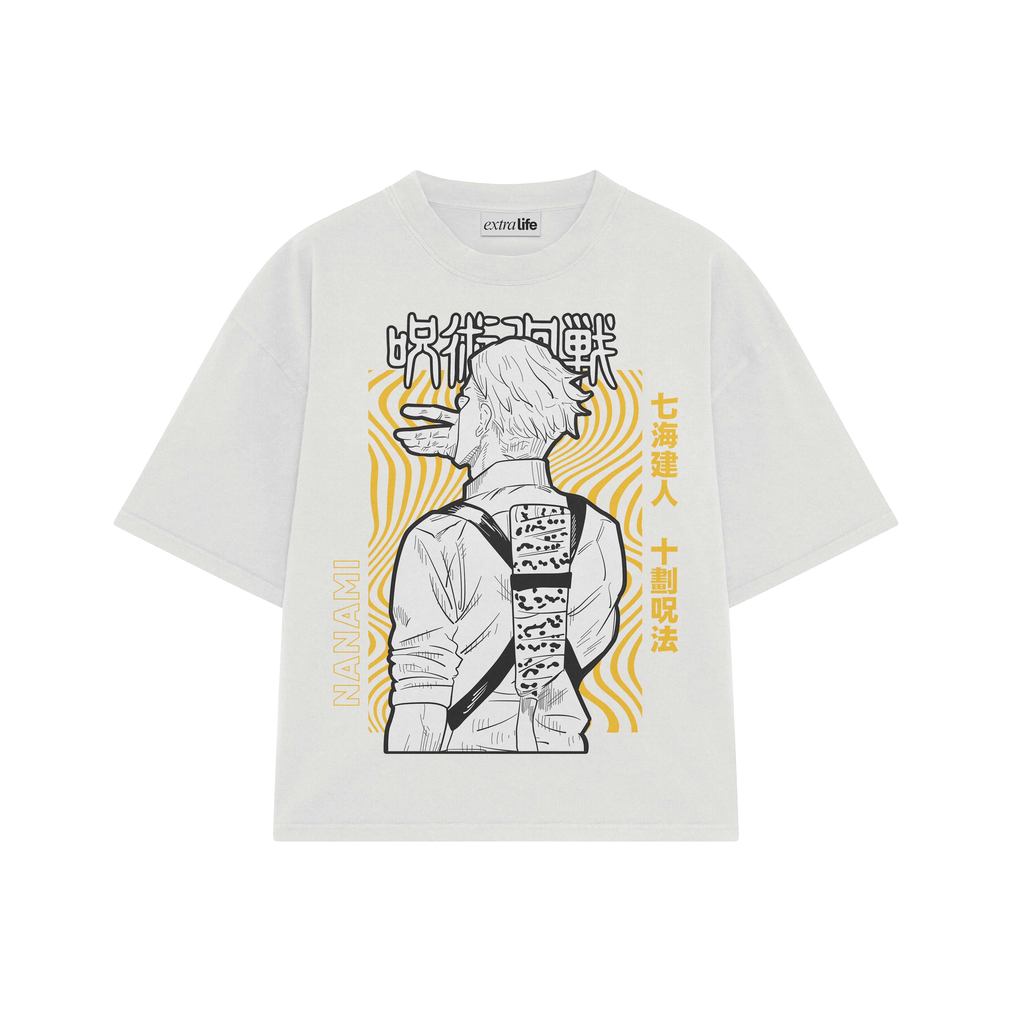 Playera streetwear premium de anime y gaming ExtraLife MX, corte boxy oversized drop shoulder heavyweight en color Deep Black y Off-White, moda urbana mexicana de culto.