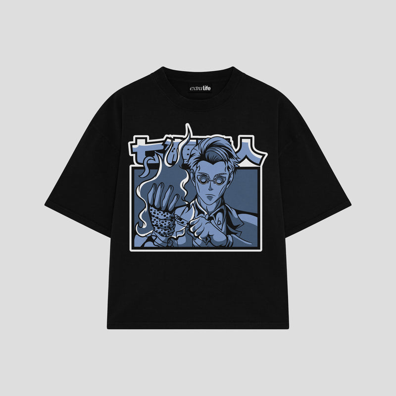 Playera streetwear premium de anime y gaming ExtraLife MX, corte boxy oversized drop shoulder heavyweight en color Deep Black y Off-White, moda urbana mexicana de culto.