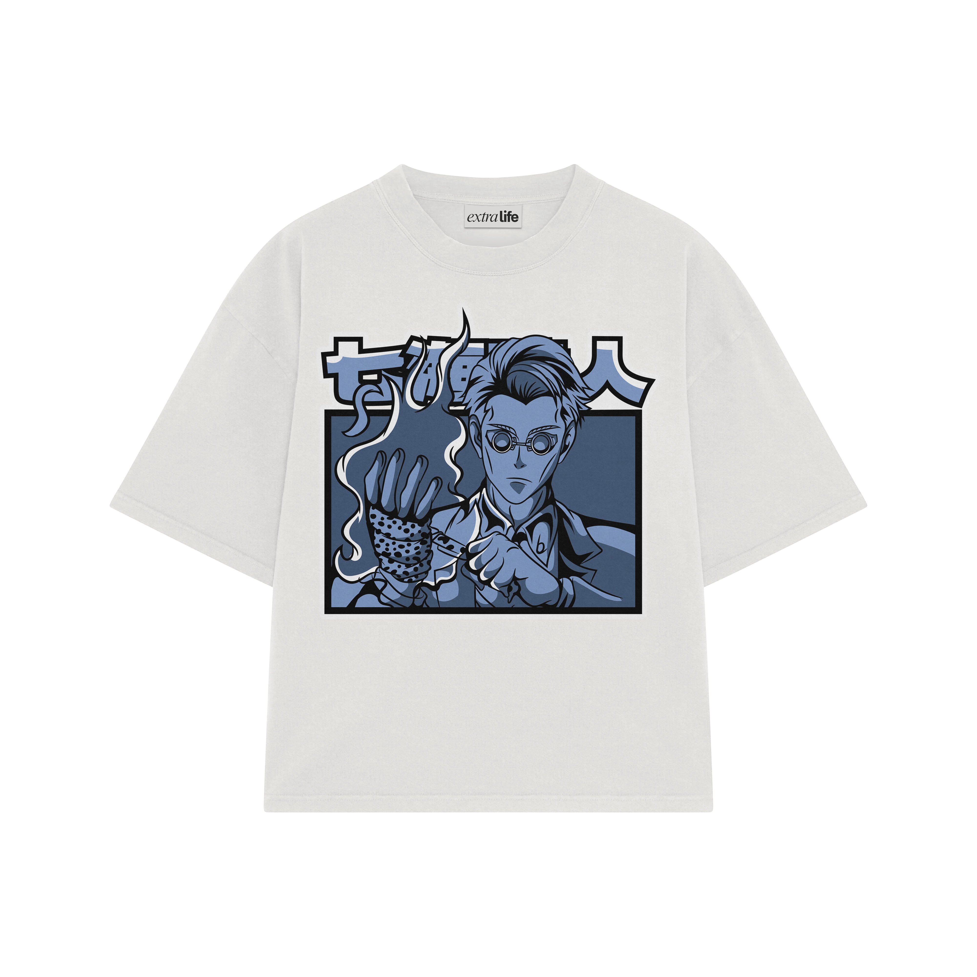 Playera streetwear premium de anime y gaming ExtraLife MX, corte boxy oversized drop shoulder heavyweight en color Deep Black y Off-White, moda urbana mexicana de culto.