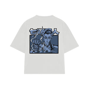 Playera streetwear premium de anime y gaming ExtraLife MX, corte boxy oversized drop shoulder heavyweight en color Deep Black y Off-White, moda urbana mexicana de culto.