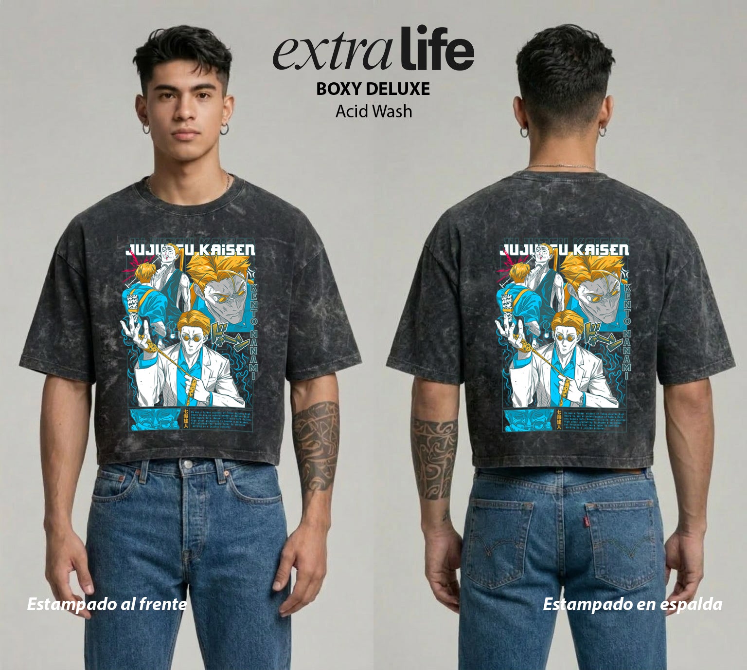 Playera streetwear premium de anime y gaming ExtraLife MX, corte boxy deluxe mineral wash heavyweight en color Acid Wash, moda urbana mexicana de culto.