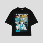 Playera streetwear premium de anime y gaming ExtraLife MX, corte boxy oversized drop shoulder heavyweight en color Deep Black y Off-White, moda urbana mexicana de culto.