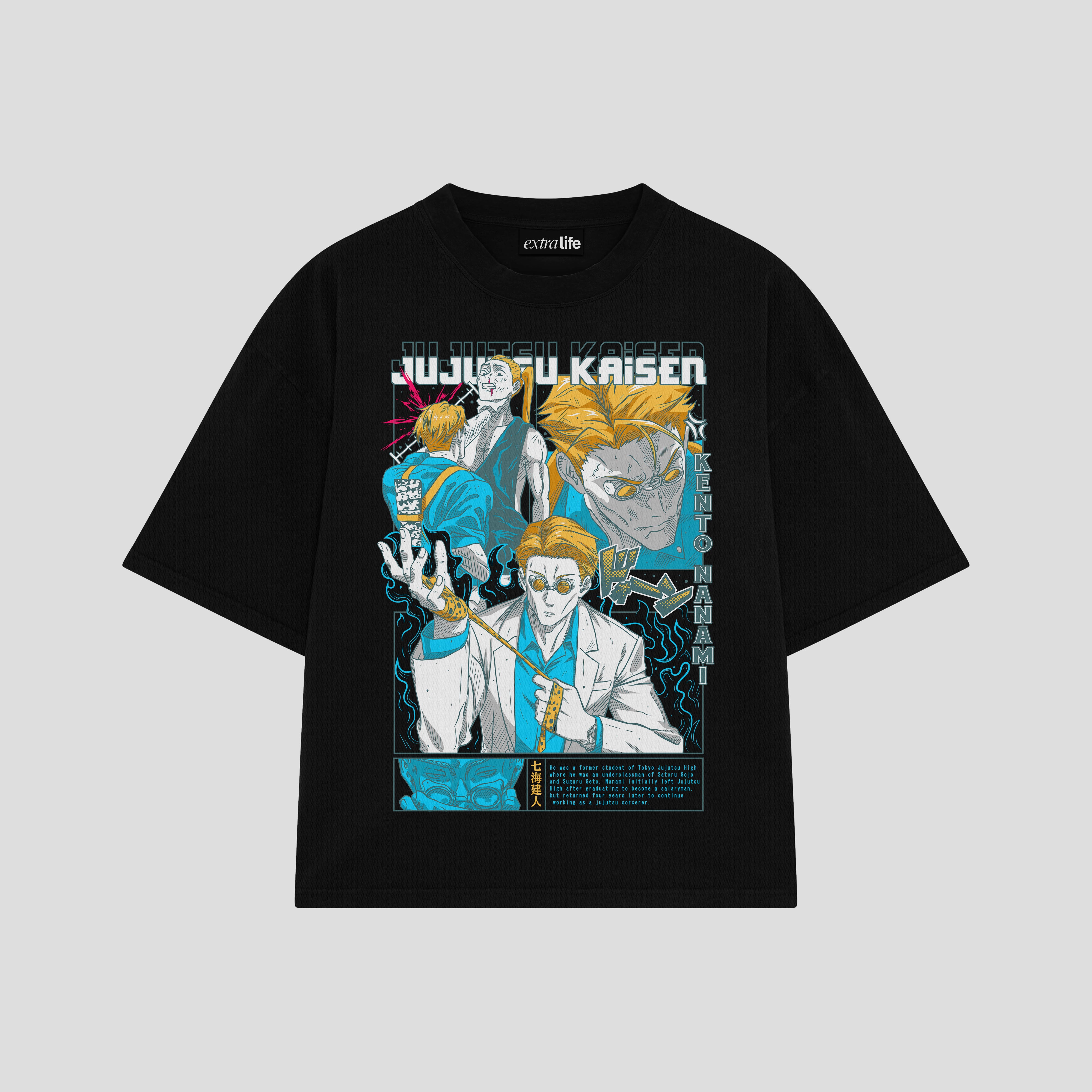 Playera streetwear premium de anime y gaming ExtraLife MX, corte boxy oversized drop shoulder heavyweight en color Deep Black y Off-White, moda urbana mexicana de culto.
