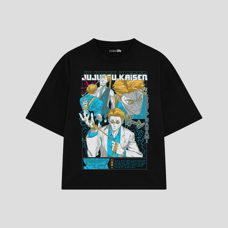 Playera streetwear premium de anime y gaming ExtraLife MX, corte boxy oversized drop shoulder heavyweight en color Deep Black y Off-White, moda urbana mexicana de culto.