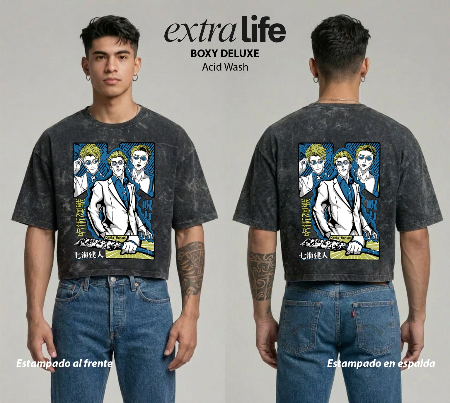 Playera streetwear premium de anime y gaming ExtraLife MX, corte boxy deluxe mineral wash heavyweight en color Acid Wash, moda urbana mexicana de culto.