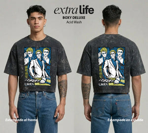 Playera streetwear premium de anime y gaming ExtraLife MX, corte boxy deluxe mineral wash heavyweight en color Acid Wash, moda urbana mexicana de culto.