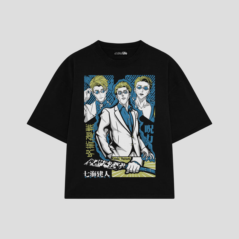 Playera streetwear premium de anime y gaming ExtraLife MX, corte boxy oversized drop shoulder heavyweight en color Deep Black y Off-White, moda urbana mexicana de culto.