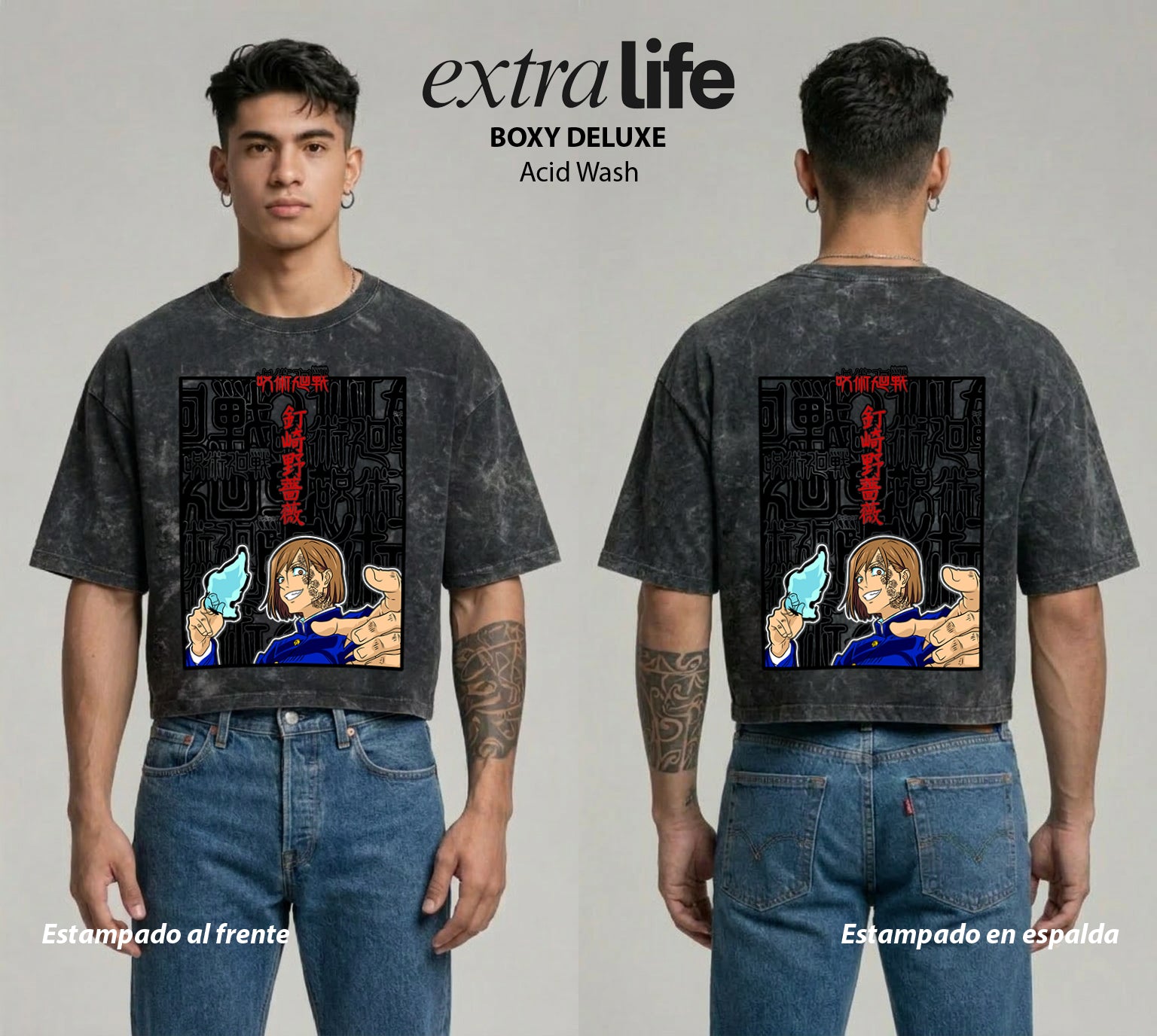 Playera streetwear premium de anime y gaming ExtraLife MX, corte boxy deluxe mineral wash heavyweight en color Acid Wash, moda urbana mexicana de culto.