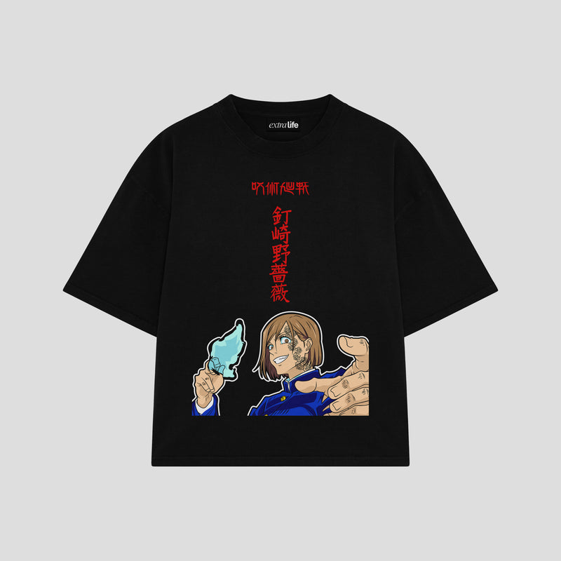 Playera streetwear premium de anime y gaming ExtraLife MX, corte boxy oversized drop shoulder heavyweight en color Deep Black y Off-White, moda urbana mexicana de culto.