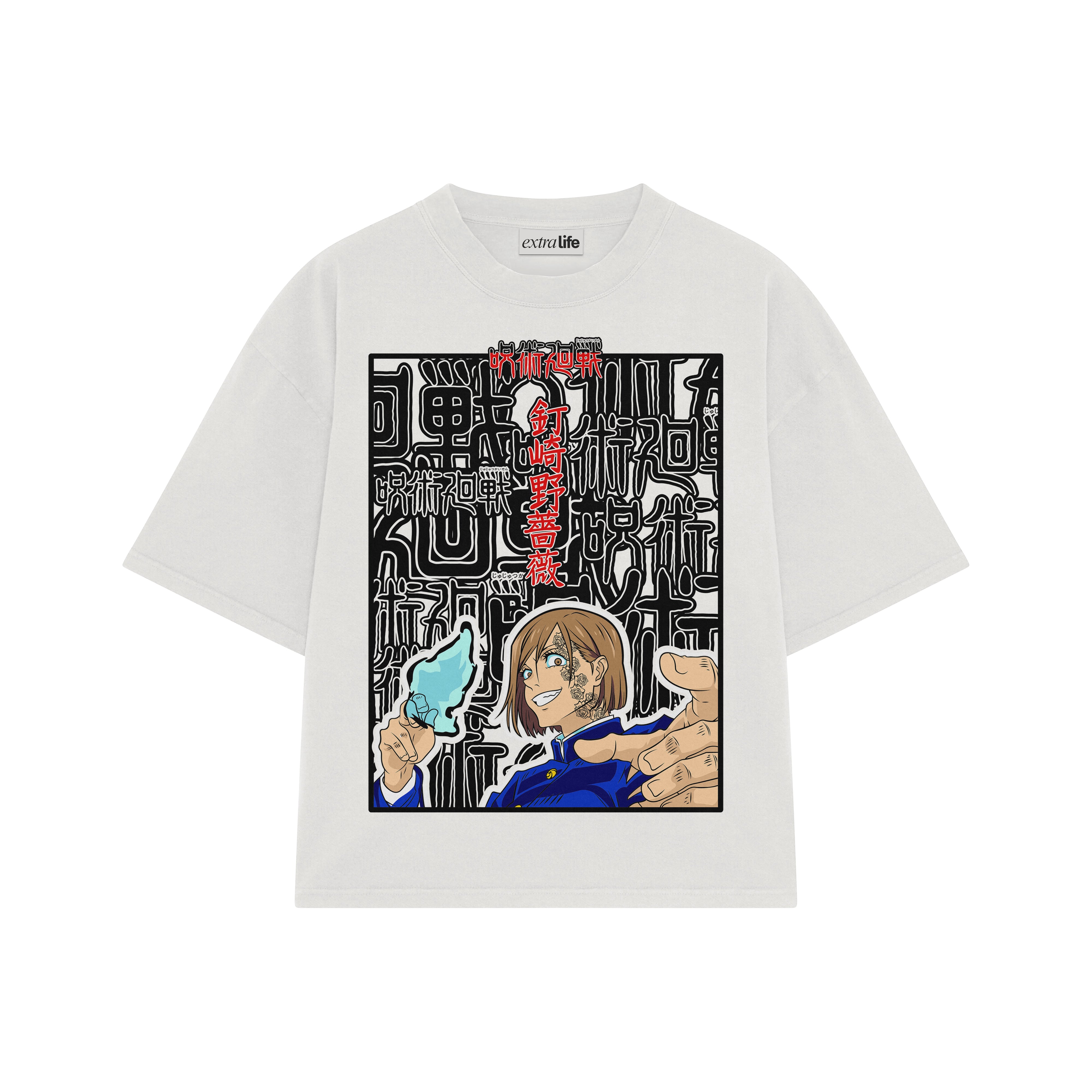 Playera streetwear premium de anime y gaming ExtraLife MX, corte boxy oversized drop shoulder heavyweight en color Deep Black y Off-White, moda urbana mexicana de culto.