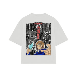 Playera streetwear premium de anime y gaming ExtraLife MX, corte boxy oversized drop shoulder heavyweight en color Deep Black y Off-White, moda urbana mexicana de culto.