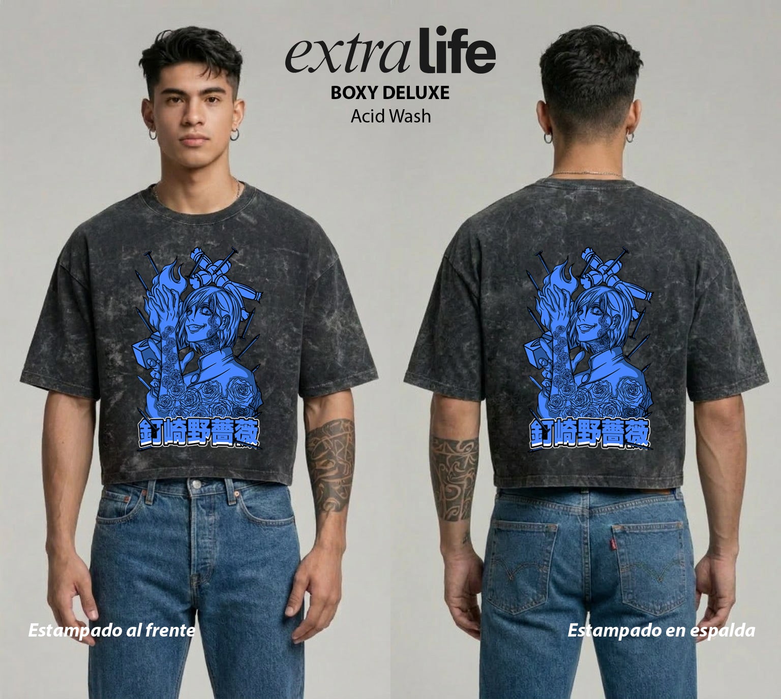 Playera streetwear premium de anime y gaming ExtraLife MX, corte boxy deluxe mineral wash heavyweight en color Acid Wash, moda urbana mexicana de culto.