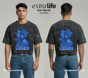 Playera streetwear premium de anime y gaming ExtraLife MX, corte boxy deluxe mineral wash heavyweight en color Acid Wash, moda urbana mexicana de culto.