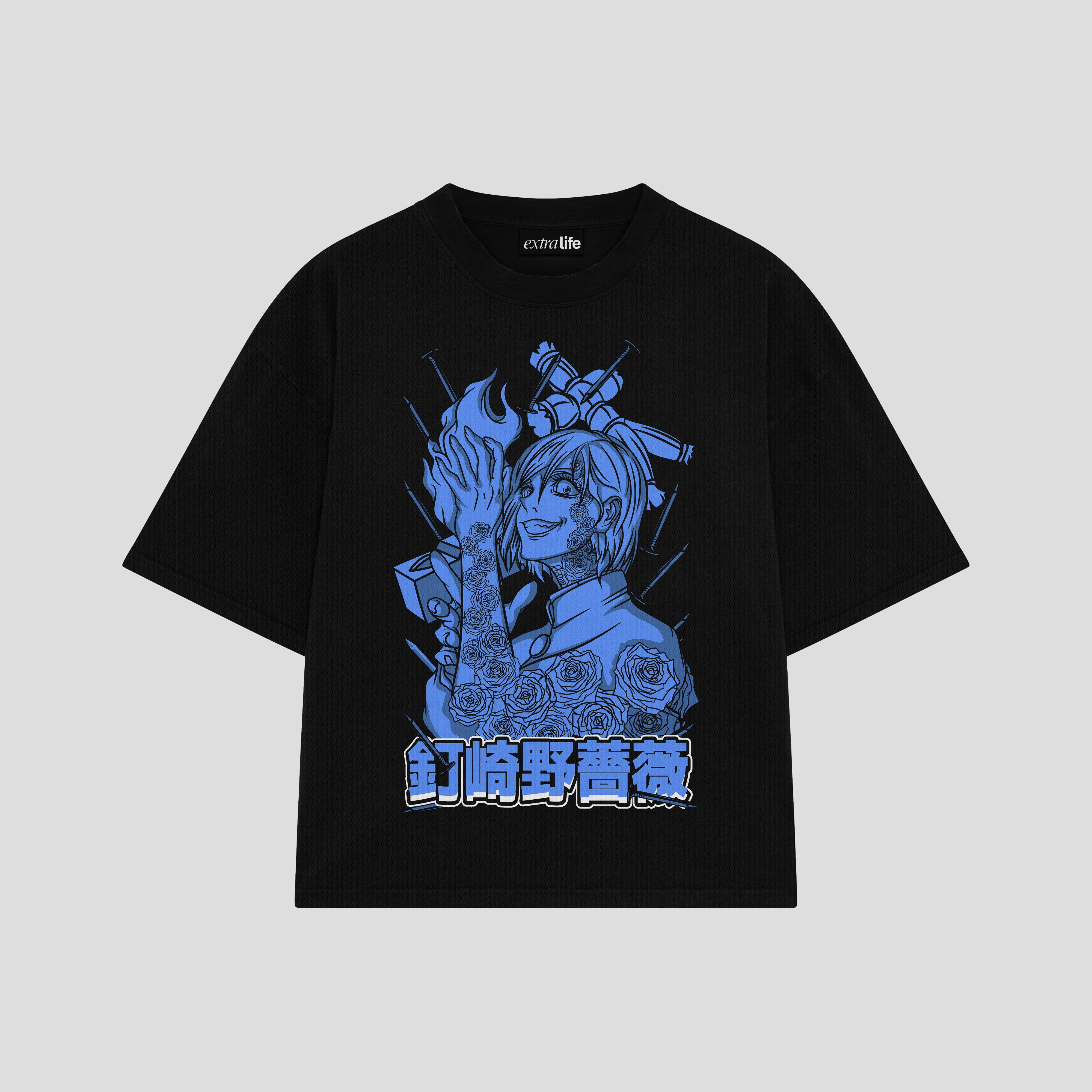 Playera streetwear premium de anime y gaming ExtraLife MX, corte boxy oversized drop shoulder heavyweight en color Deep Black y Off-White, moda urbana mexicana de culto.
