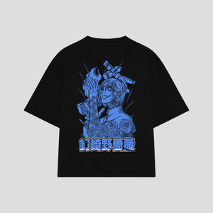 Playera streetwear premium de anime y gaming ExtraLife MX, corte boxy oversized drop shoulder heavyweight en color Deep Black y Off-White, moda urbana mexicana de culto.