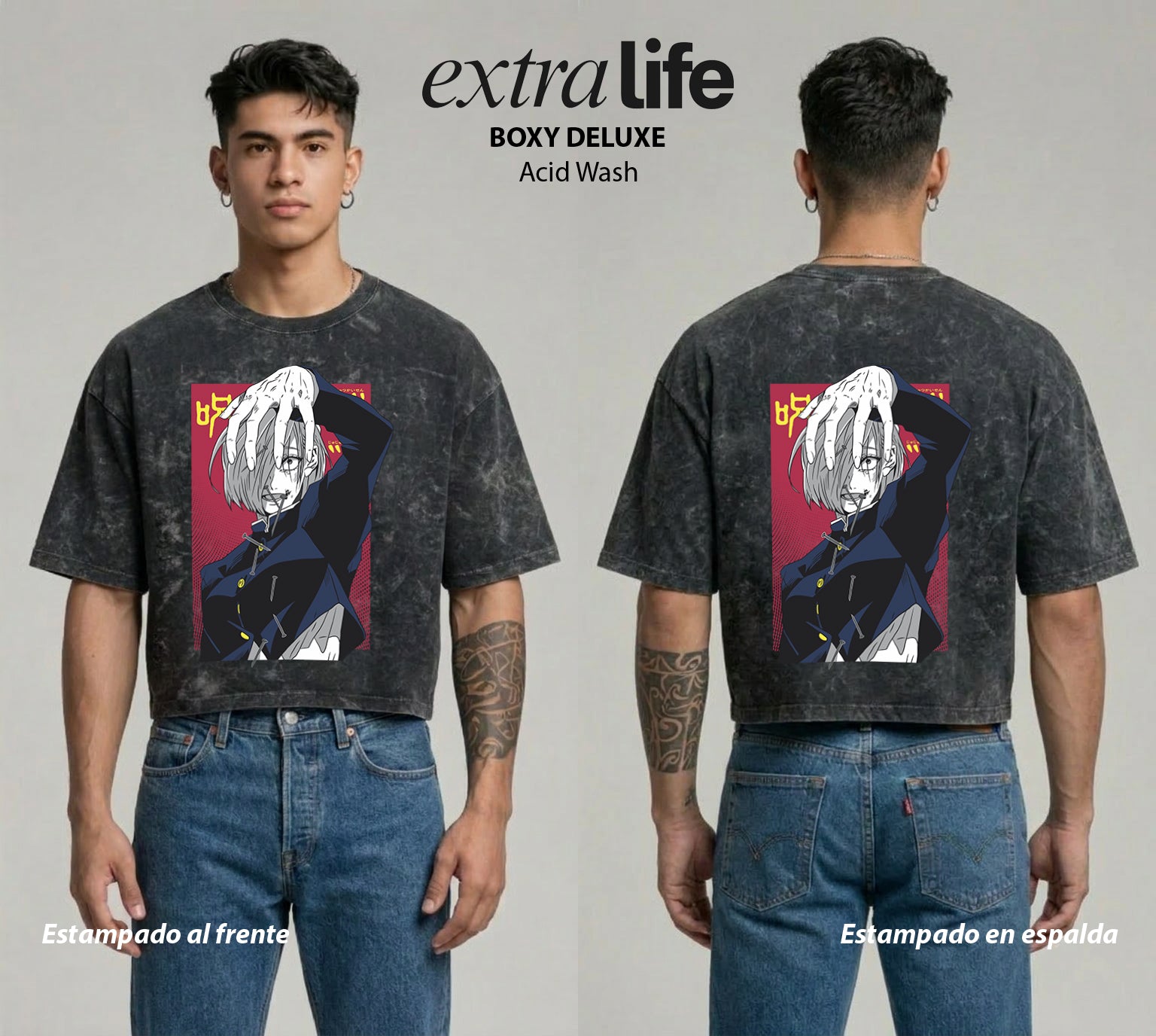 Playera streetwear premium de anime y gaming ExtraLife MX, corte boxy deluxe mineral wash heavyweight en color Acid Wash, moda urbana mexicana de culto.