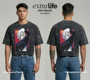Playera streetwear premium de anime y gaming ExtraLife MX, corte boxy deluxe mineral wash heavyweight en color Acid Wash, moda urbana mexicana de culto.