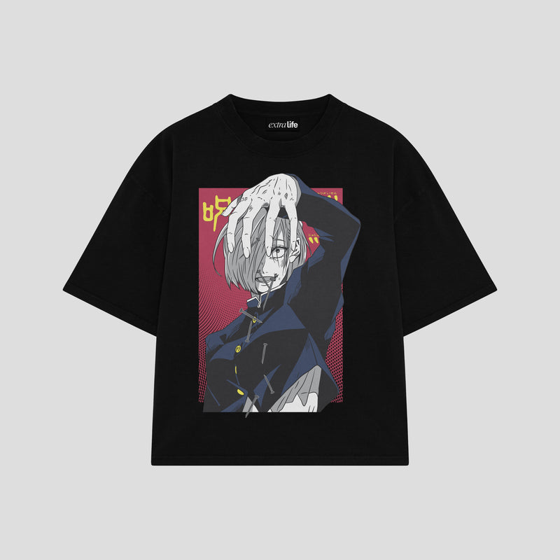 Playera streetwear premium de anime y gaming ExtraLife MX, corte boxy oversized drop shoulder heavyweight en color Deep Black y Off-White, moda urbana mexicana de culto.