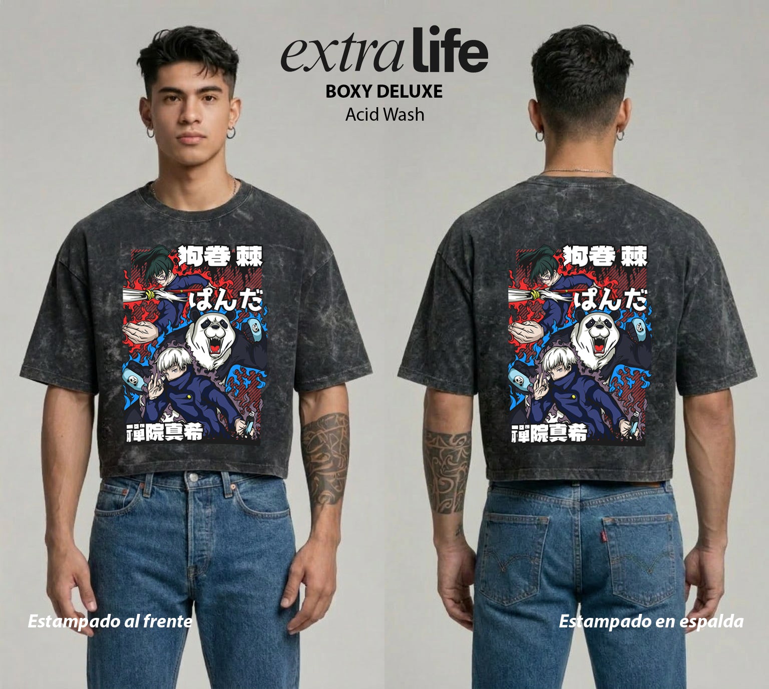 Playera streetwear premium de anime y gaming ExtraLife MX, corte boxy deluxe mineral wash heavyweight en color Acid Wash, moda urbana mexicana de culto.