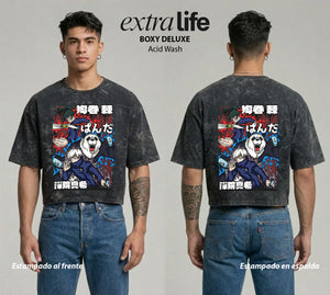 Playera streetwear premium de anime y gaming ExtraLife MX, corte boxy deluxe mineral wash heavyweight en color Acid Wash, moda urbana mexicana de culto.