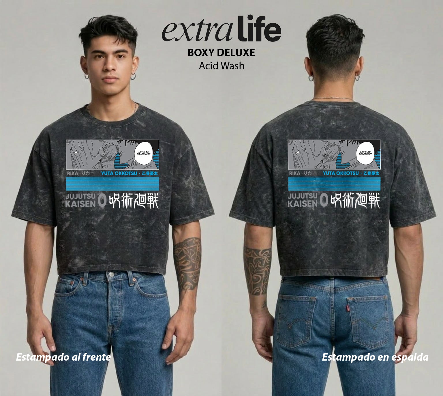 Playera streetwear premium de anime y gaming ExtraLife MX, corte boxy deluxe mineral wash heavyweight en color Acid Wash, moda urbana mexicana de culto.