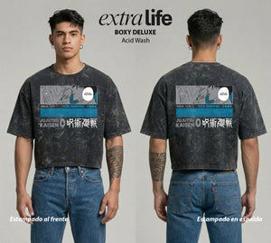 Playera streetwear premium de anime y gaming ExtraLife MX, corte boxy deluxe mineral wash heavyweight en color Acid Wash, moda urbana mexicana de culto.