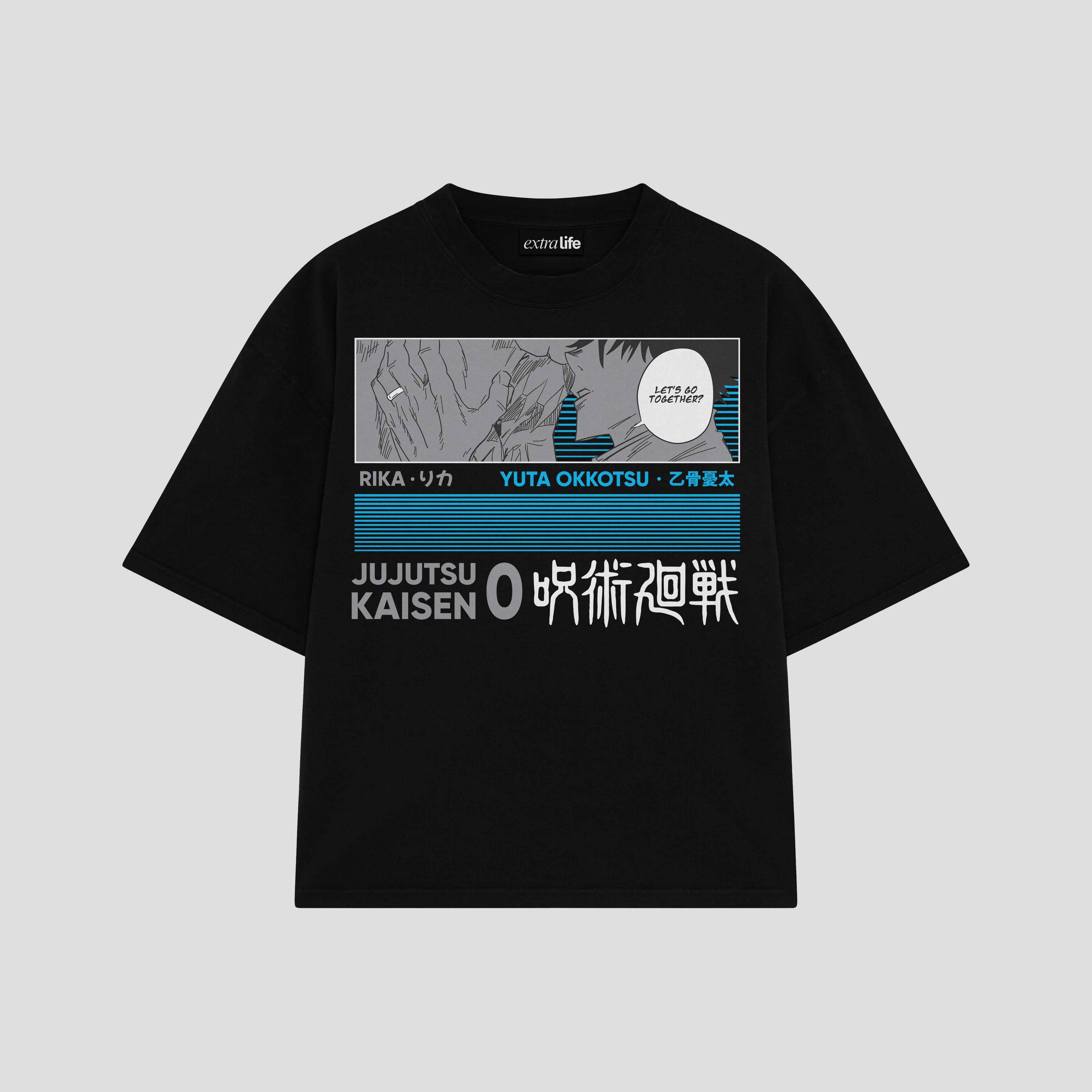 Playera streetwear premium de anime y gaming ExtraLife MX, corte boxy oversized drop shoulder heavyweight en color Deep Black y Off-White, moda urbana mexicana de culto.