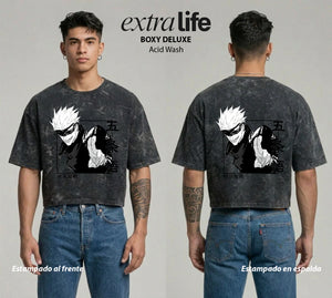 Playera streetwear premium de anime y gaming ExtraLife MX, corte boxy deluxe mineral wash heavyweight en color Acid Wash, moda urbana mexicana de culto.