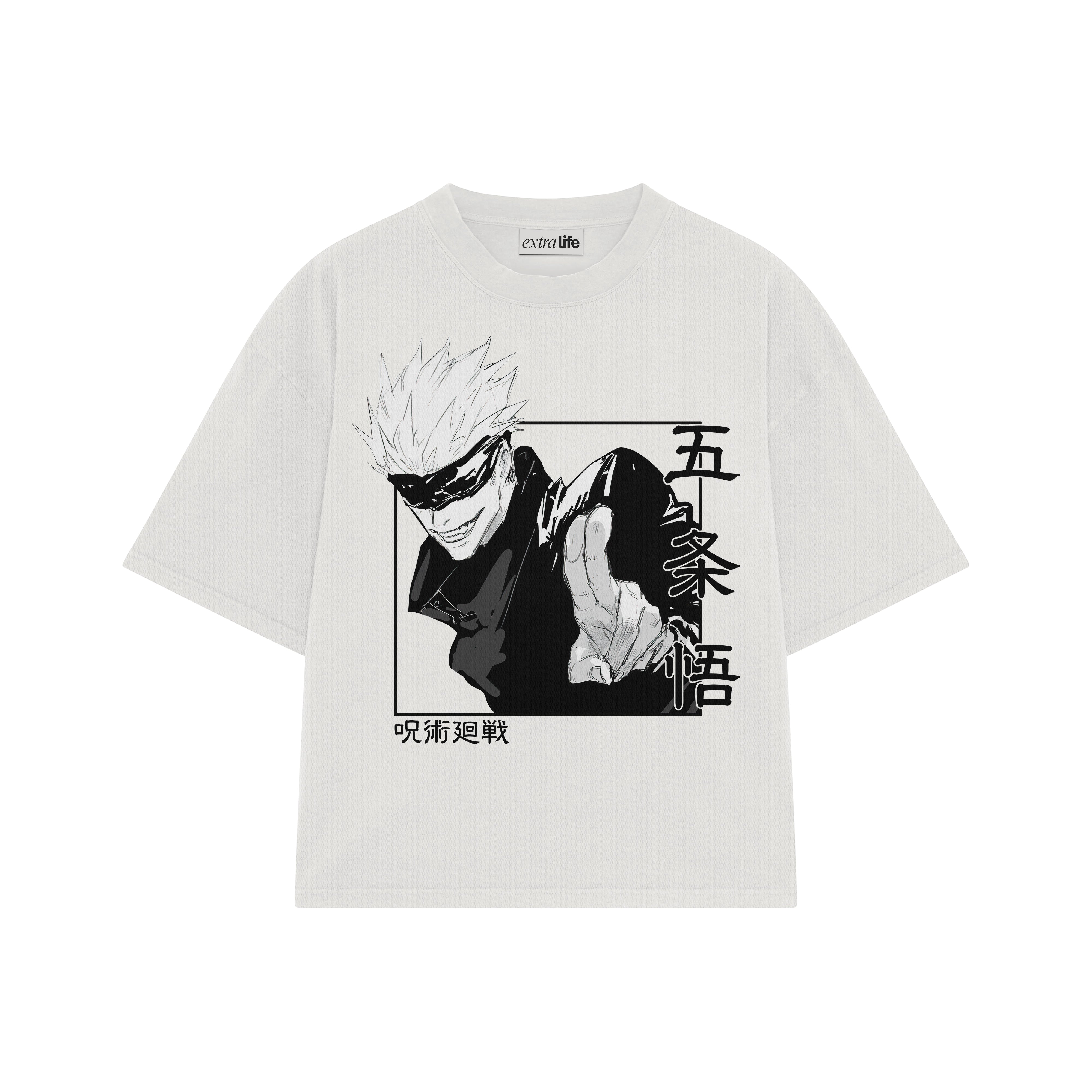 Playera streetwear premium de anime y gaming ExtraLife MX, corte boxy oversized drop shoulder heavyweight en color Deep Black y Off-White, moda urbana mexicana de culto.