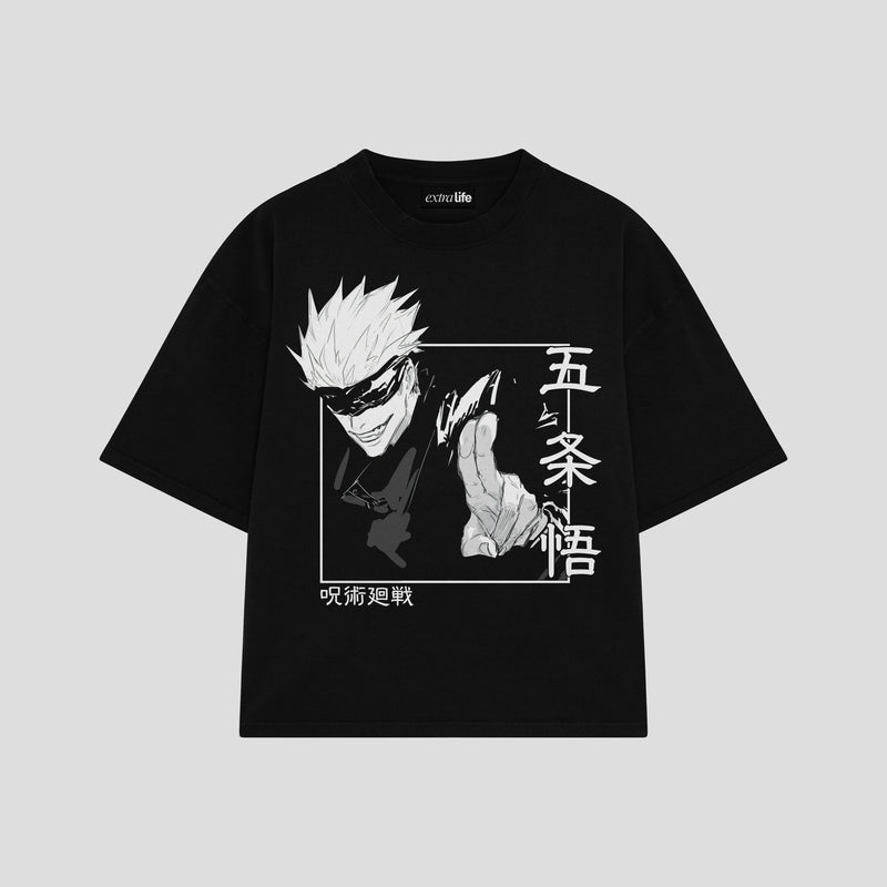 Playera streetwear premium de anime y gaming ExtraLife MX, corte boxy oversized drop shoulder heavyweight en color Deep Black y Off-White, moda urbana mexicana de culto.