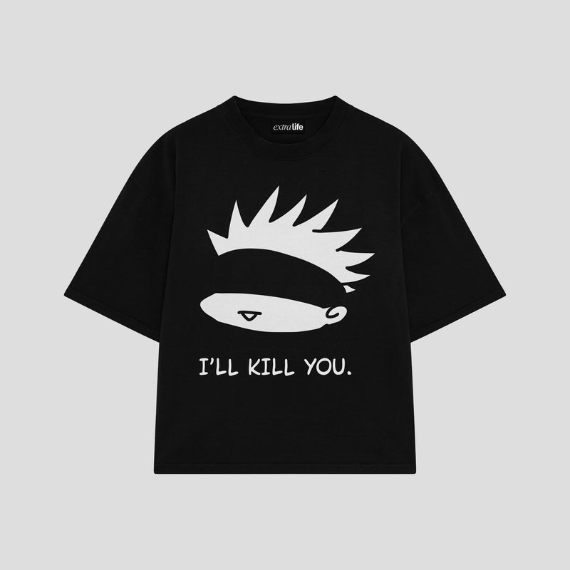 Playera streetwear premium de anime y gaming ExtraLife MX, corte boxy oversized drop shoulder heavyweight en color Deep Black y Off-White, moda urbana mexicana de culto.