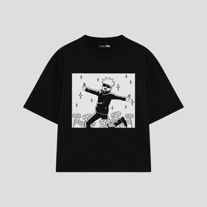 Playera streetwear premium de anime y gaming ExtraLife MX, corte boxy oversized drop shoulder heavyweight en color Deep Black y Off-White, moda urbana mexicana de culto.