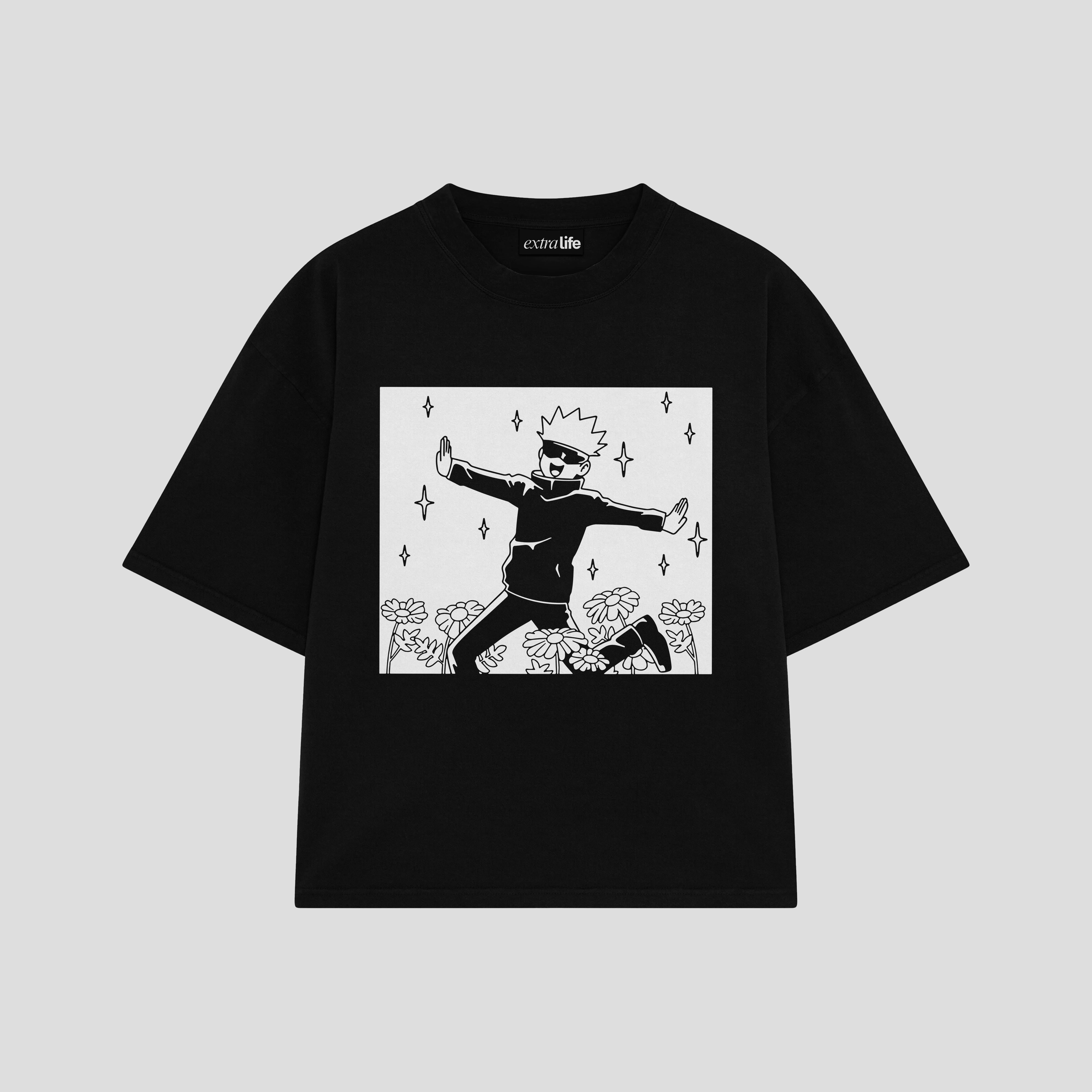 Playera streetwear premium de anime y gaming ExtraLife MX, corte boxy oversized drop shoulder heavyweight en color Deep Black y Off-White, moda urbana mexicana de culto.