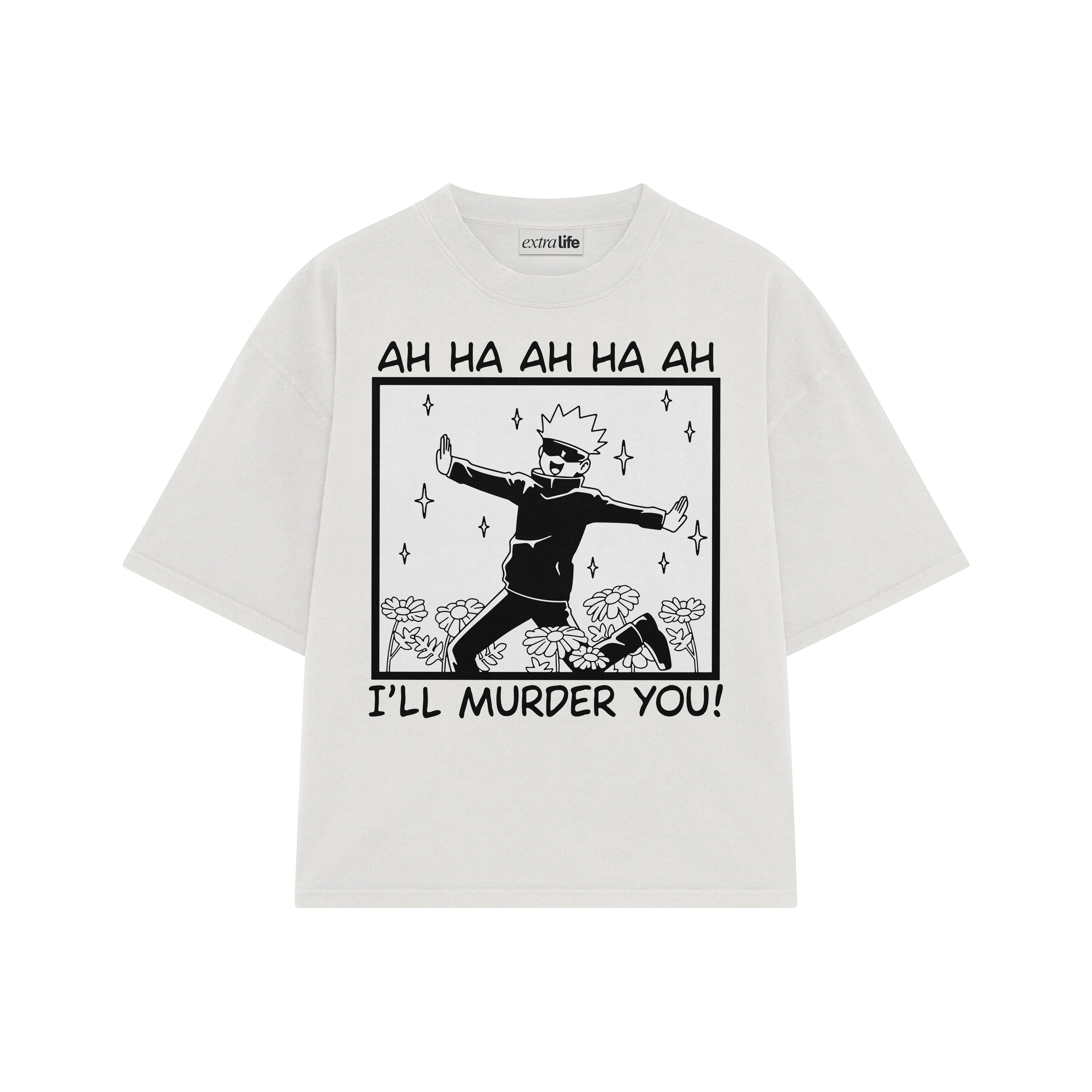 Playera streetwear premium de anime y gaming ExtraLife MX, corte boxy oversized drop shoulder heavyweight en color Deep Black y Off-White, moda urbana mexicana de culto.