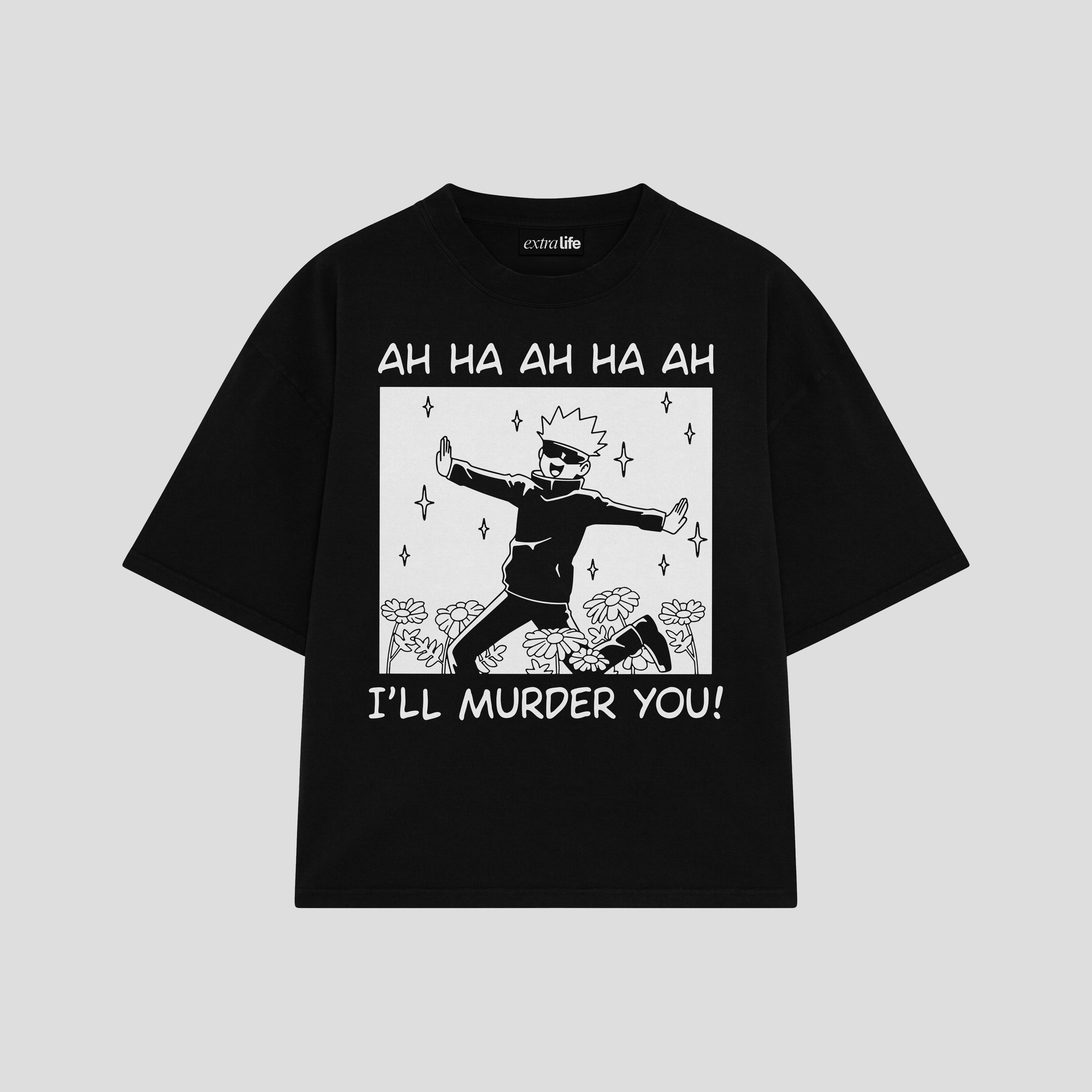 Playera streetwear premium de anime y gaming ExtraLife MX, corte boxy oversized drop shoulder heavyweight en color Deep Black y Off-White, moda urbana mexicana de culto.