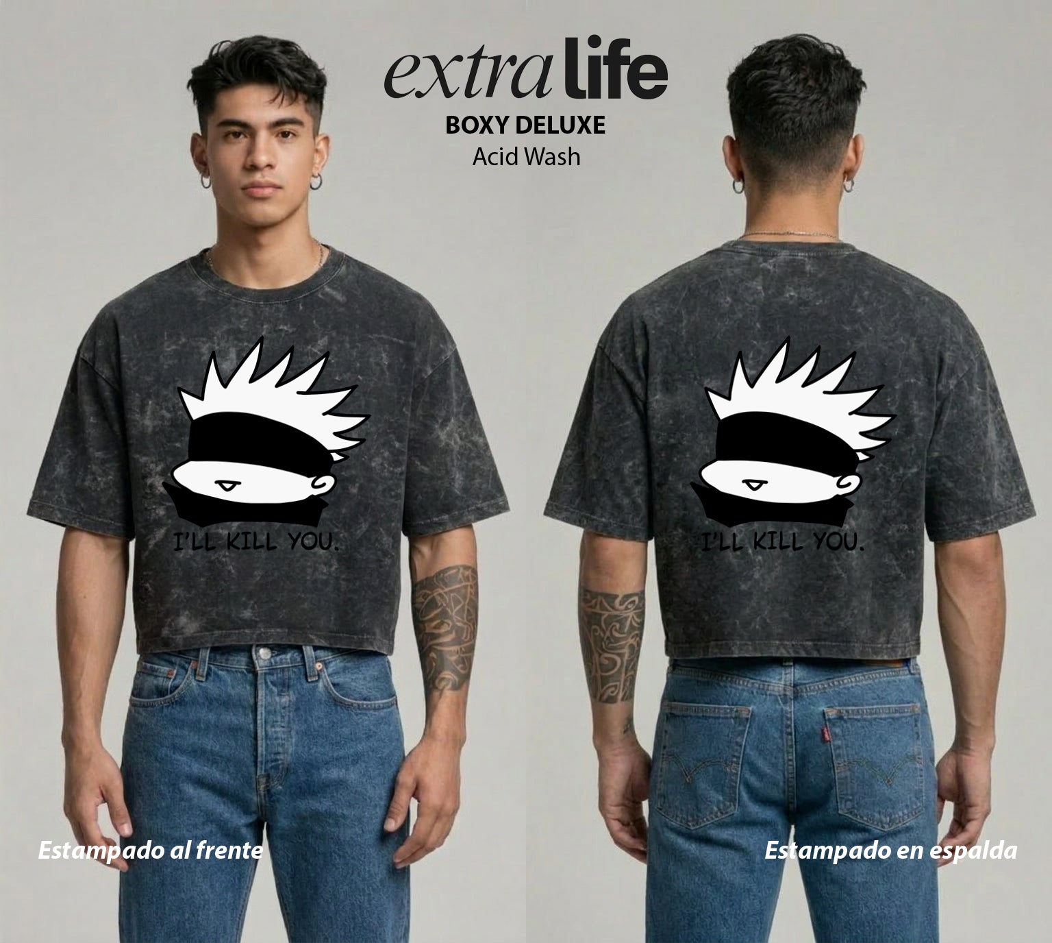Playera streetwear premium de anime y gaming ExtraLife MX, corte boxy deluxe mineral wash heavyweight en color Acid Wash, moda urbana mexicana de culto.