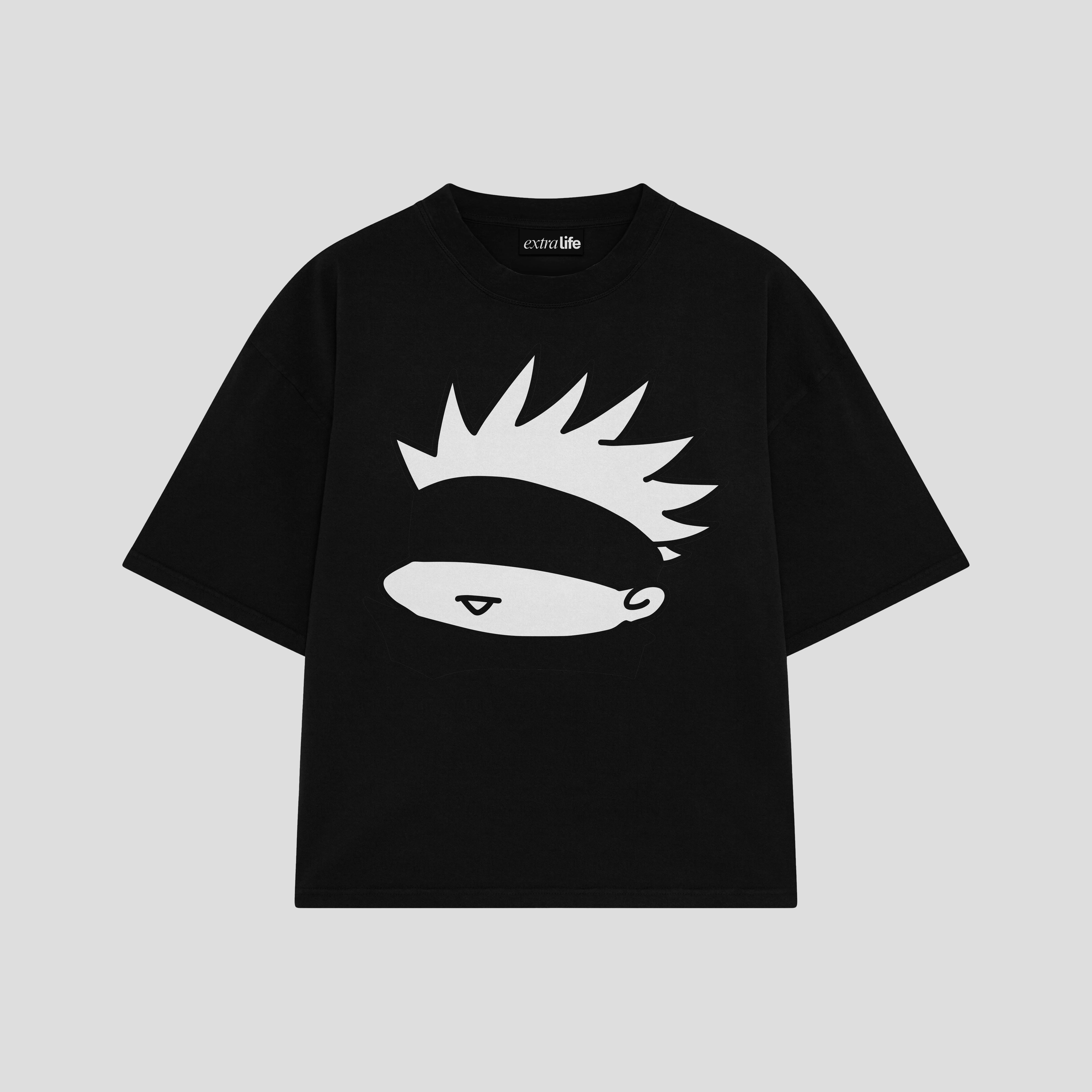 Playera streetwear premium de anime y gaming ExtraLife MX, corte boxy oversized drop shoulder heavyweight en color Deep Black y Off-White, moda urbana mexicana de culto.