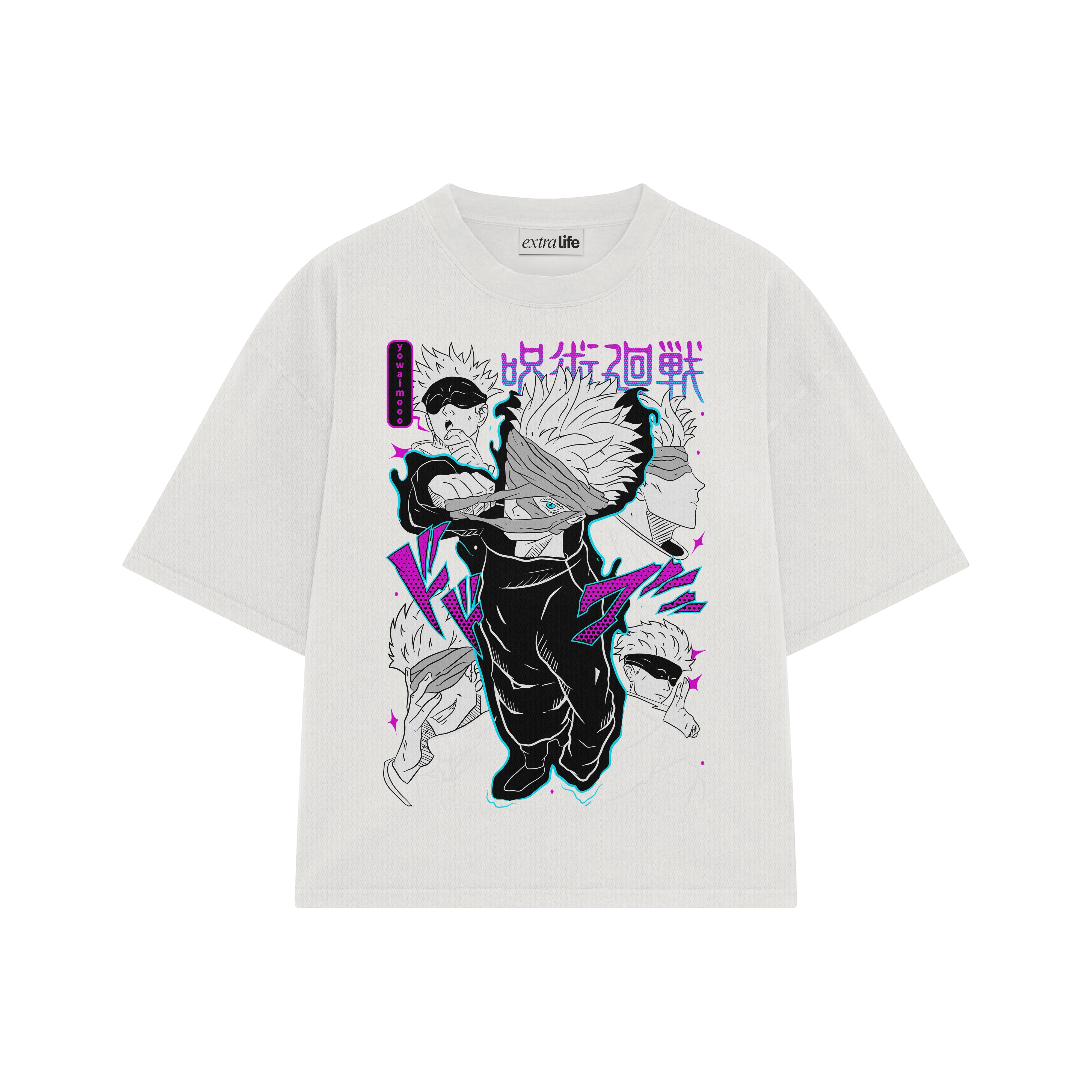 Playera streetwear premium de anime y gaming ExtraLife MX, corte boxy oversized drop shoulder heavyweight en color Deep Black y Off-White, moda urbana mexicana de culto.
