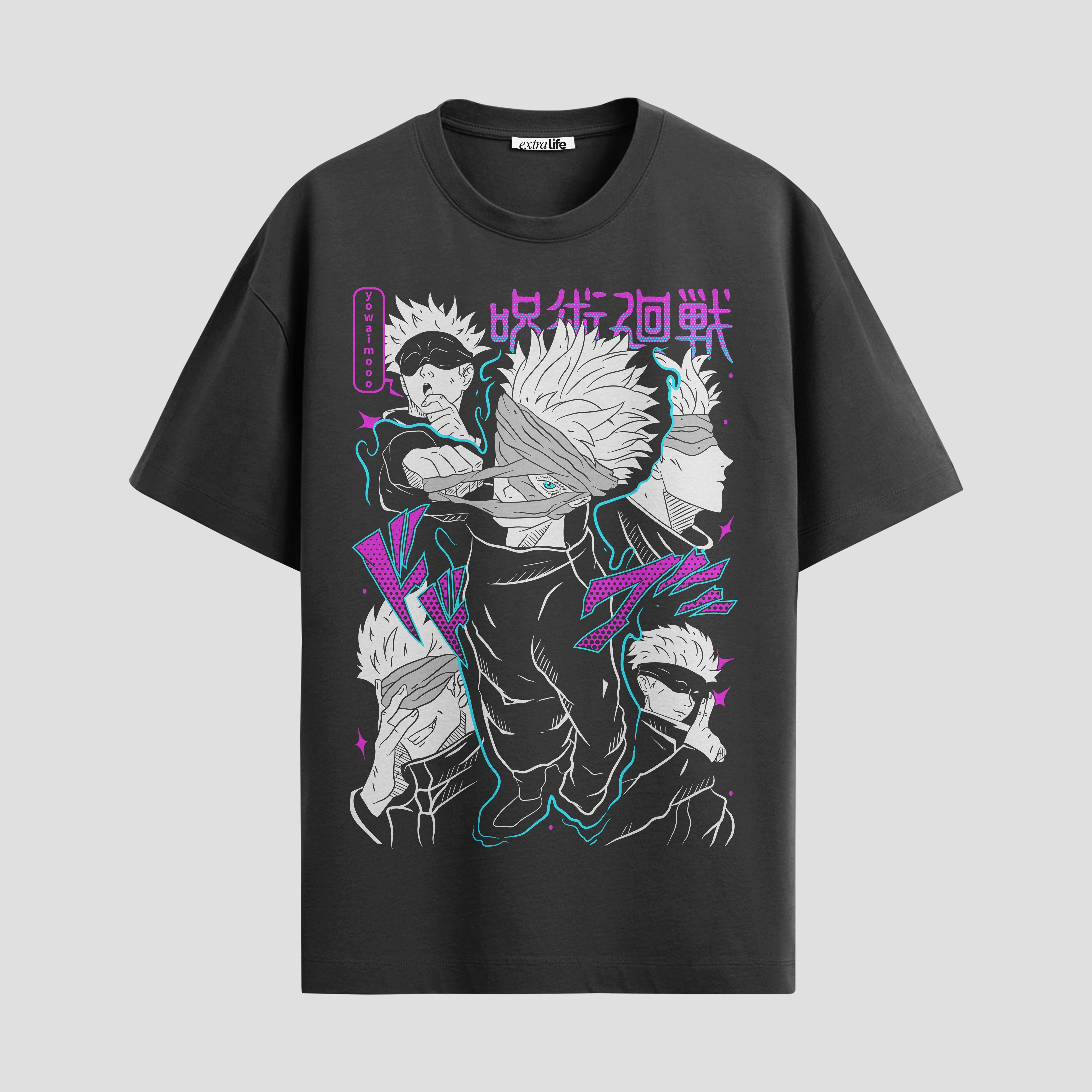 Playera urbana de anime y gaming ExtraLife MX, corte Standard Fit unisex ligero y transpirable en color Deep Black y Pure White, ropa de uso diario para gym y casual.