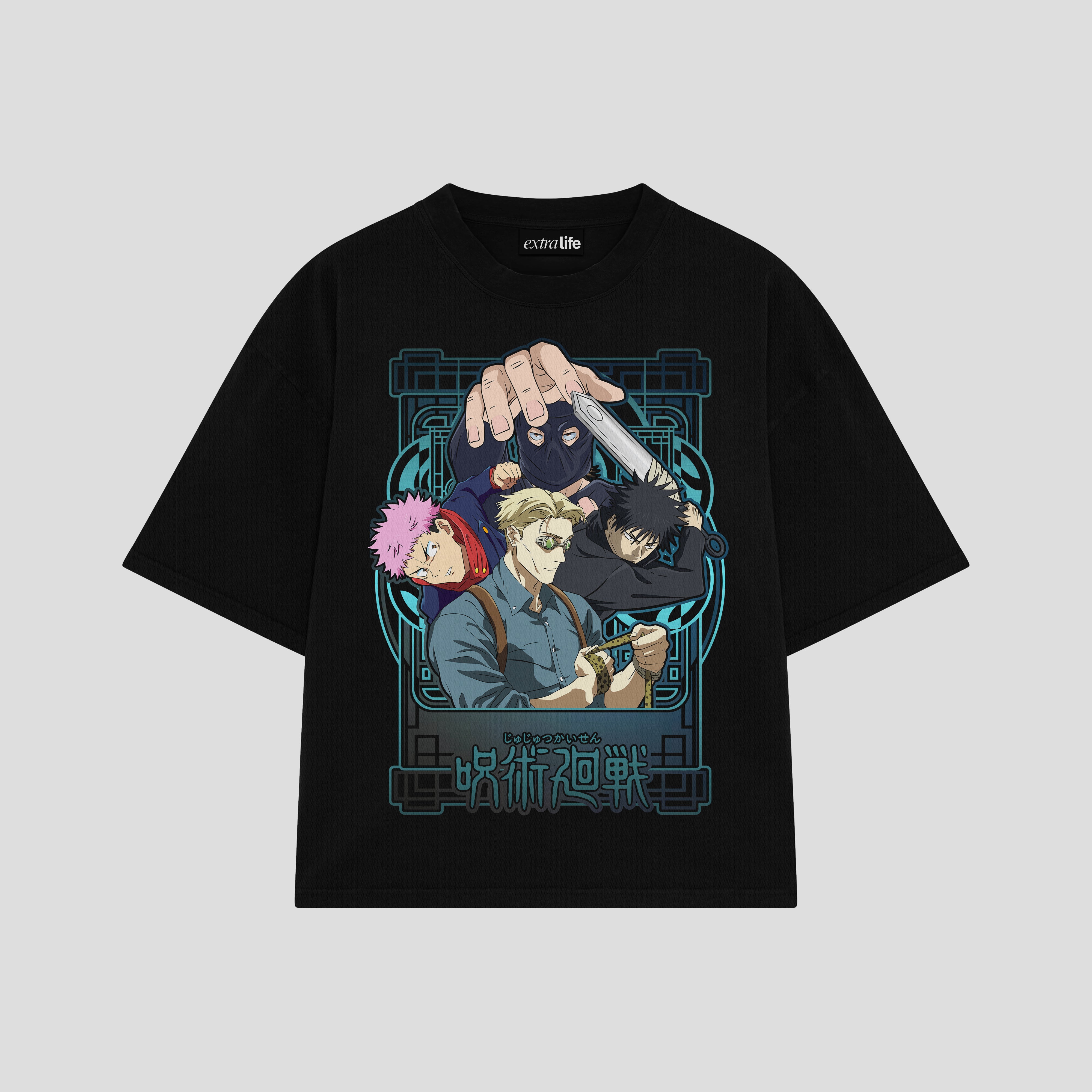 Playera streetwear premium de anime y gaming ExtraLife MX, corte boxy oversized drop shoulder heavyweight en color Deep Black y Off-White, moda urbana mexicana de culto.