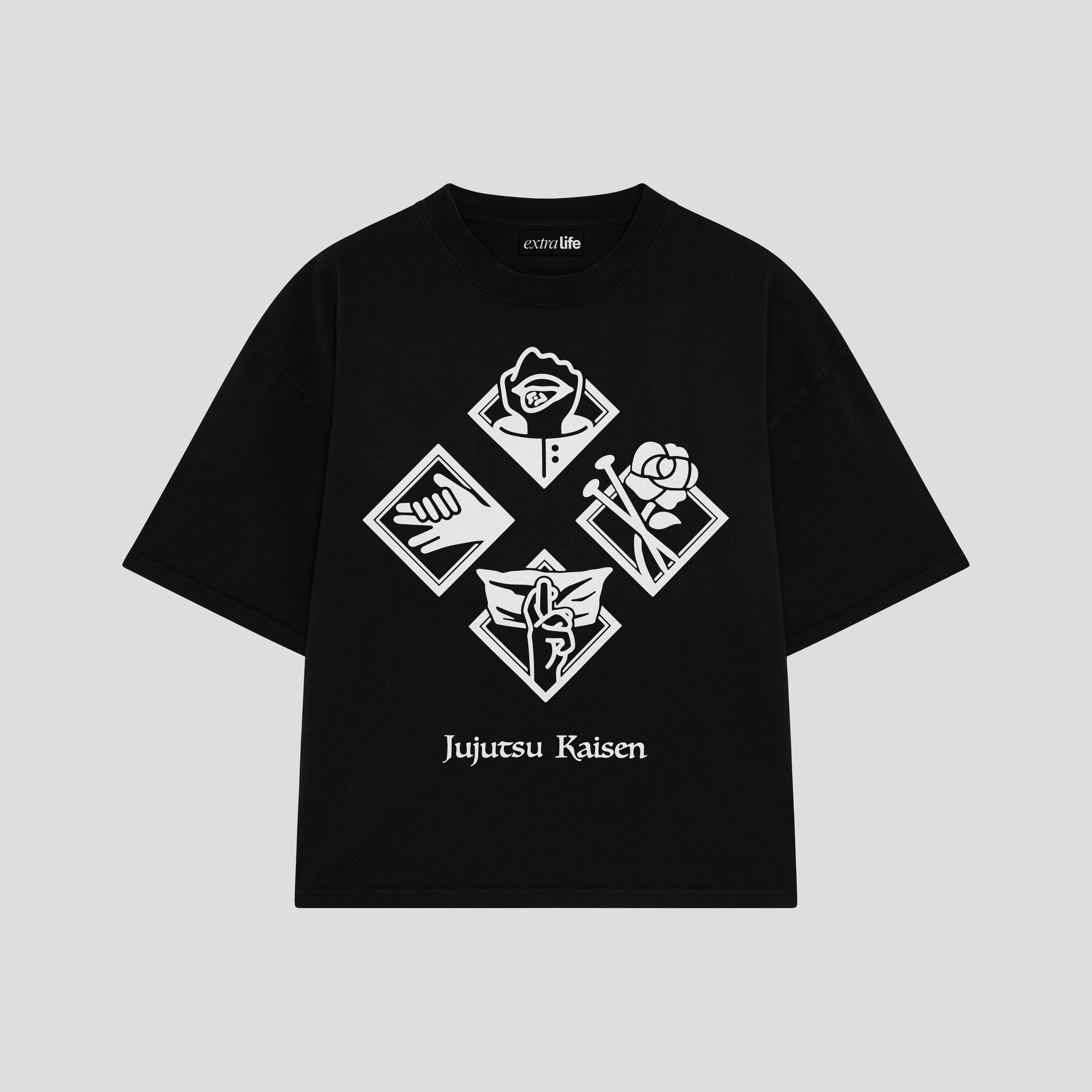 Playera streetwear premium de anime y gaming ExtraLife MX, corte boxy oversized drop shoulder heavyweight en color Deep Black y Off-White, moda urbana mexicana de culto.