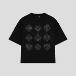 Playera streetwear premium de anime y gaming ExtraLife MX, corte boxy oversized drop shoulder heavyweight en color Deep Black y Off-White, moda urbana mexicana de culto.