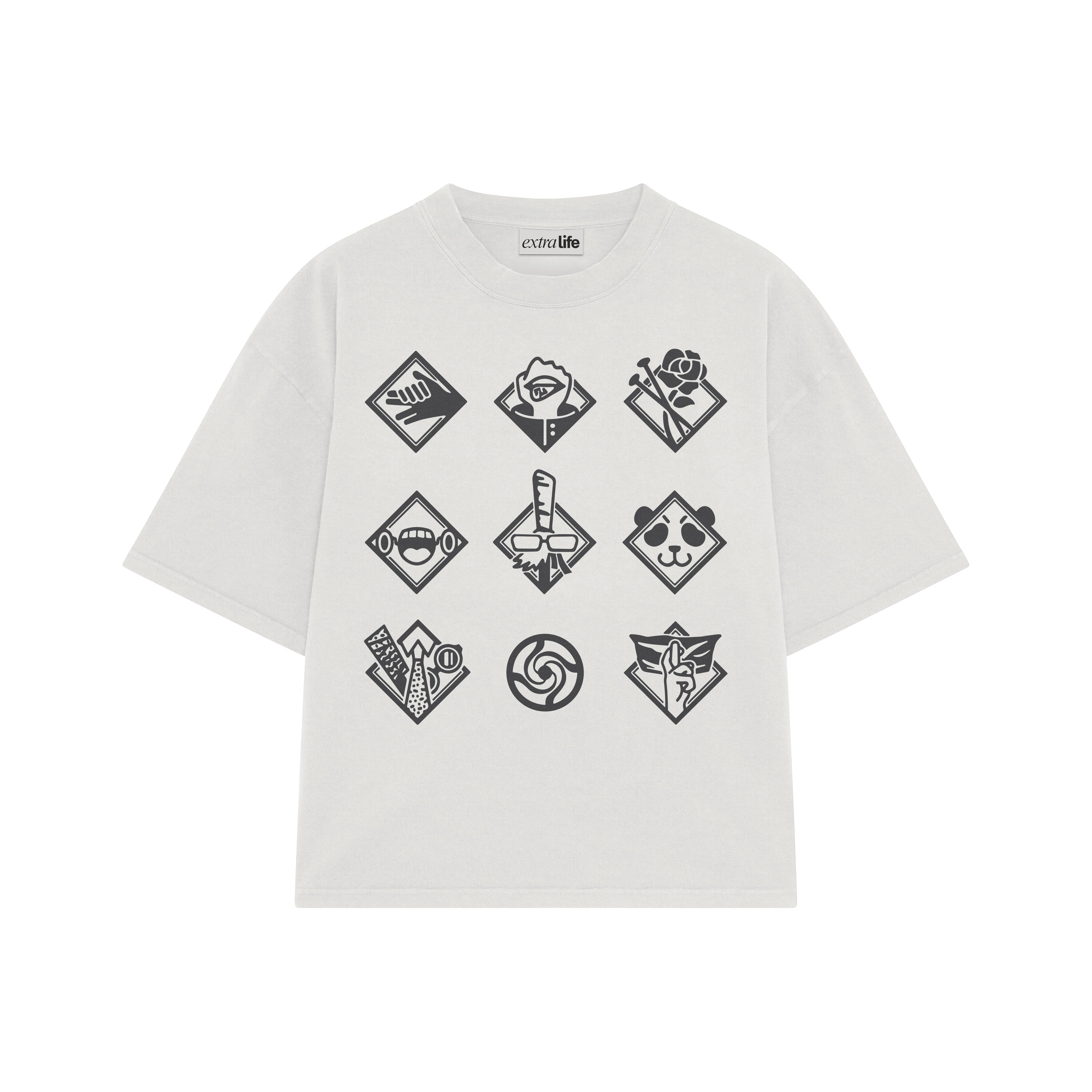 Playera streetwear premium de anime y gaming ExtraLife MX, corte boxy oversized drop shoulder heavyweight en color Deep Black y Off-White, moda urbana mexicana de culto.
