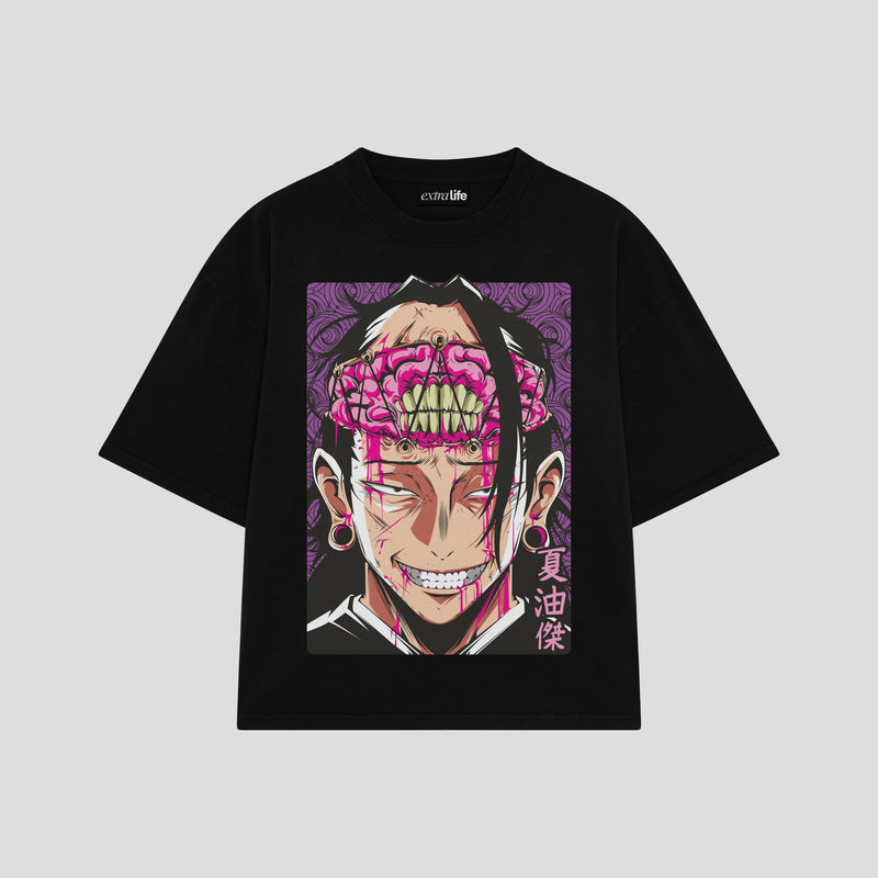 Playera streetwear premium de anime y gaming ExtraLife MX, corte boxy oversized drop shoulder heavyweight en color Deep Black y Off-White, moda urbana mexicana de culto.