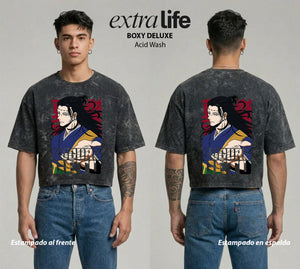Playera streetwear premium de anime y gaming ExtraLife MX, corte boxy deluxe mineral wash heavyweight en color Acid Wash, moda urbana mexicana de culto.