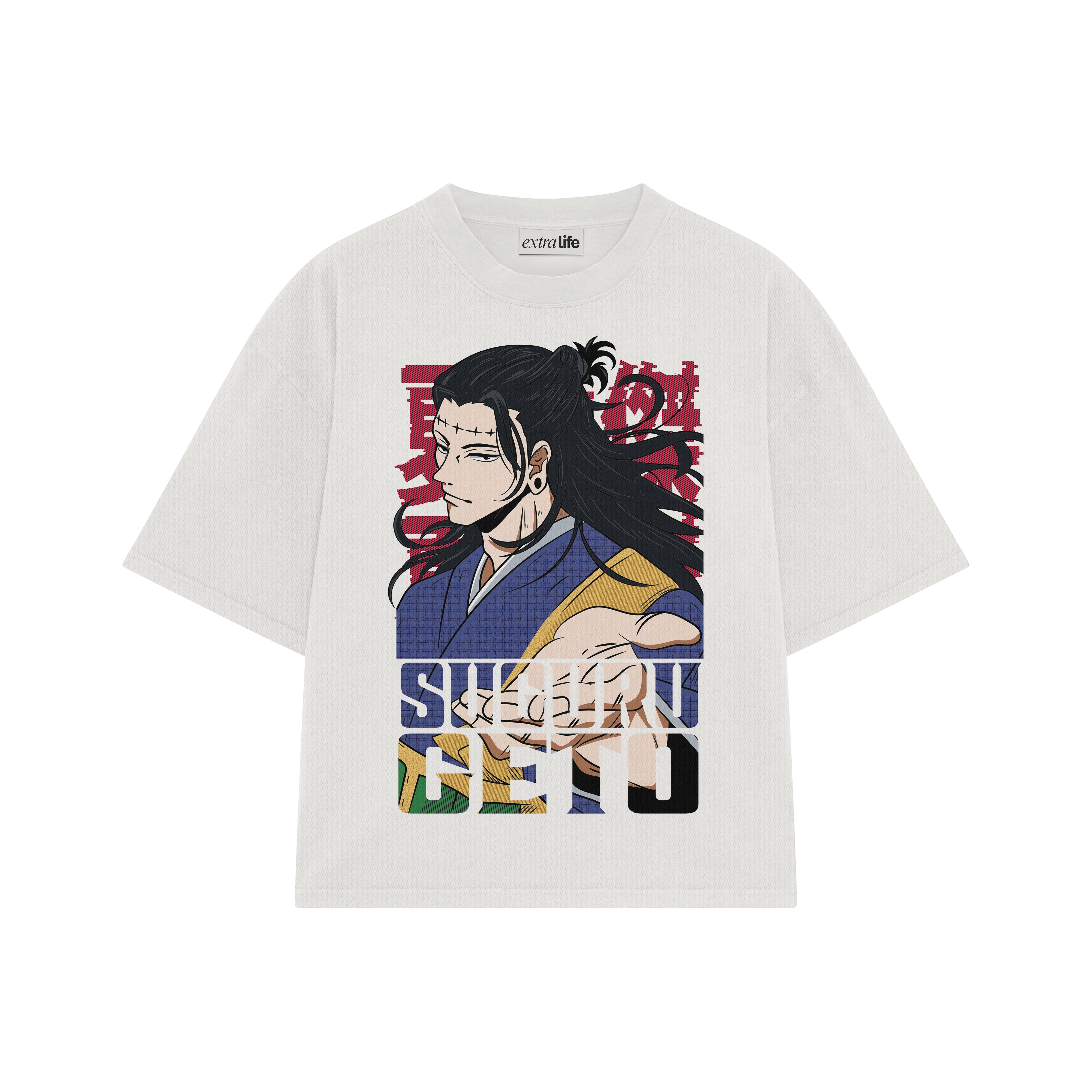 Playera streetwear premium de anime y gaming ExtraLife MX, corte boxy oversized drop shoulder heavyweight en color Deep Black y Off-White, moda urbana mexicana de culto.
