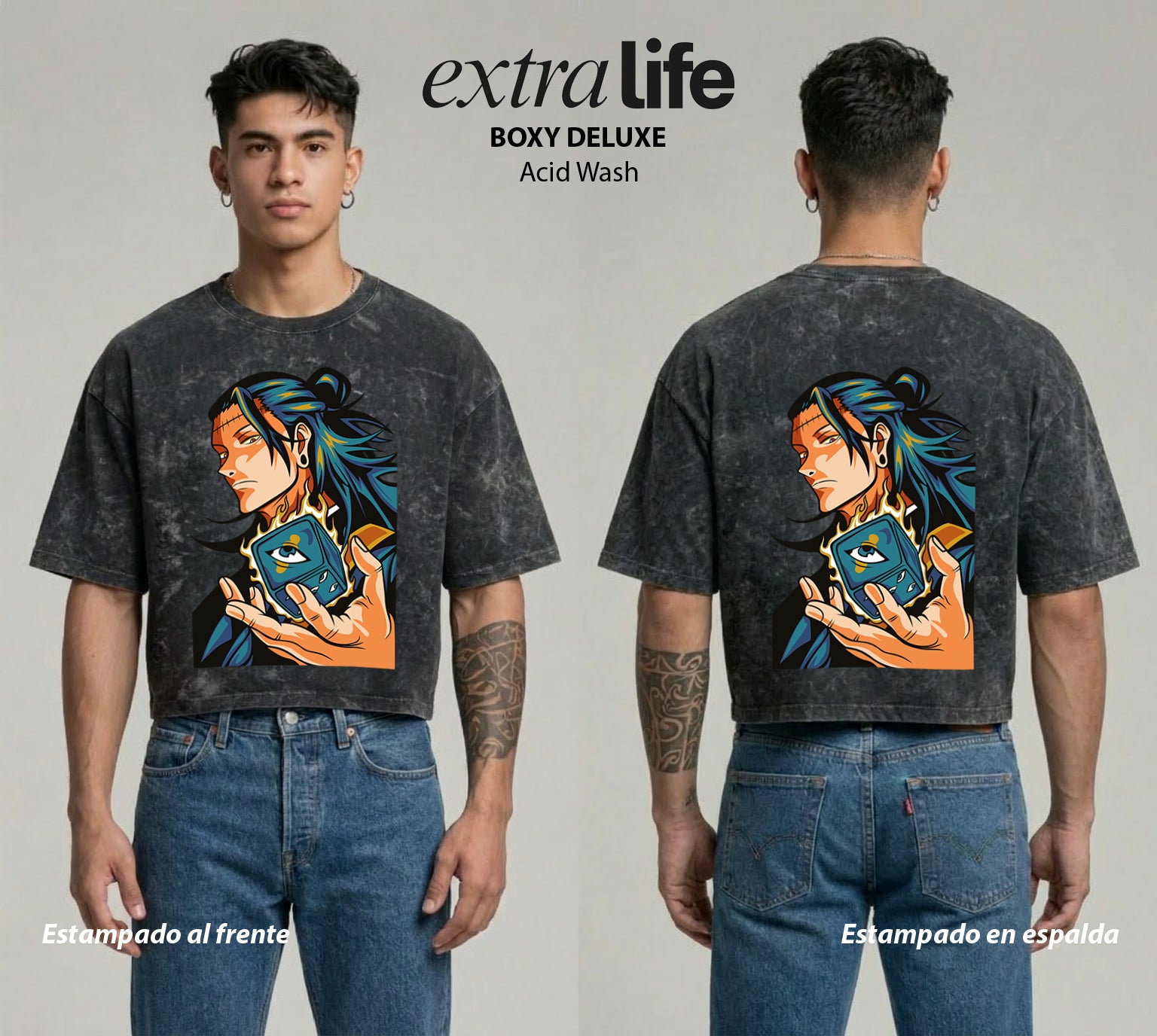 Playera streetwear premium de anime y gaming ExtraLife MX, corte boxy deluxe mineral wash heavyweight en color Acid Wash, moda urbana mexicana de culto.