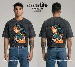 Playera streetwear premium de anime y gaming ExtraLife MX, corte boxy deluxe mineral wash heavyweight en color Acid Wash, moda urbana mexicana de culto.