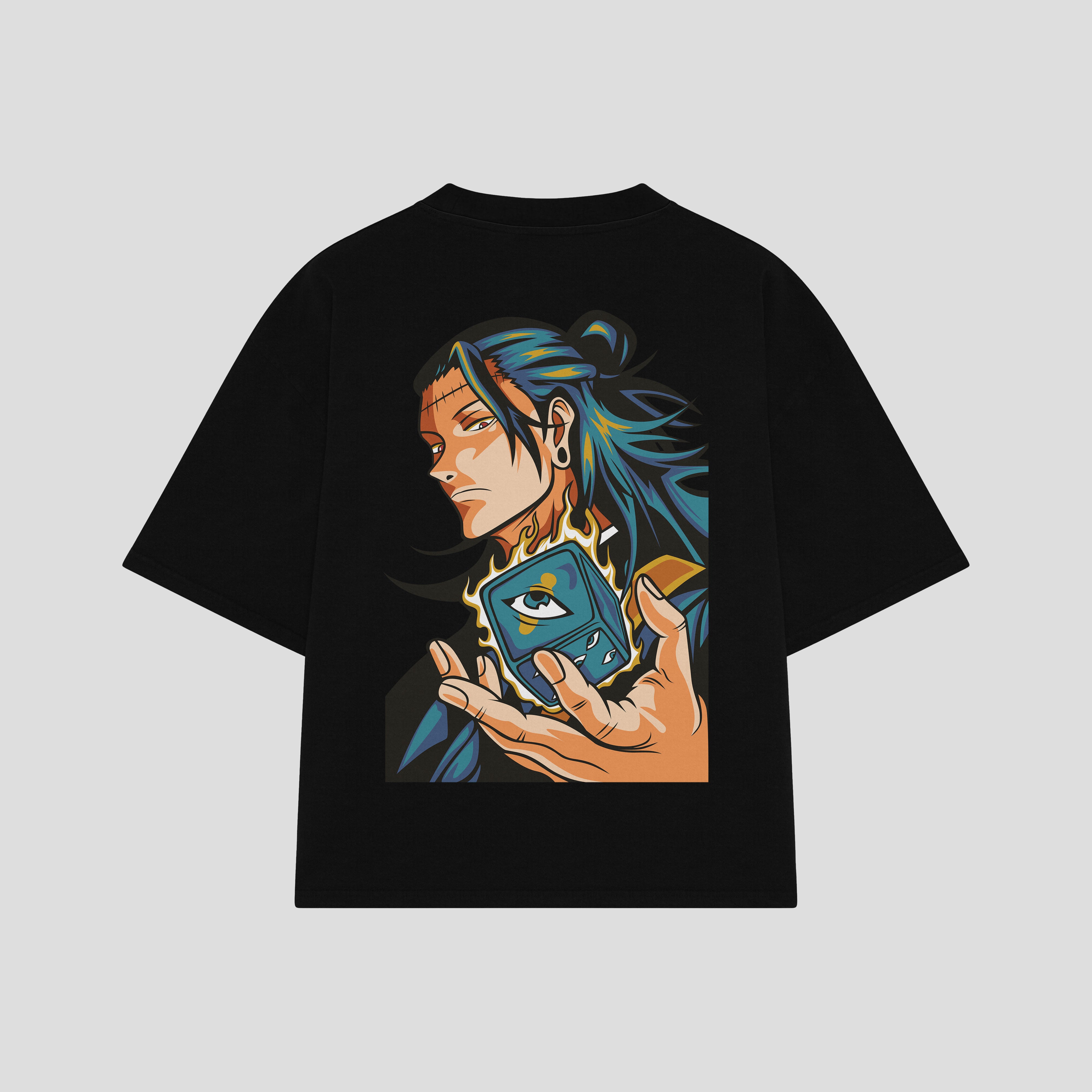 Playera streetwear premium de anime y gaming ExtraLife MX, corte boxy oversized drop shoulder heavyweight en color Deep Black y Off-White, moda urbana mexicana de culto.